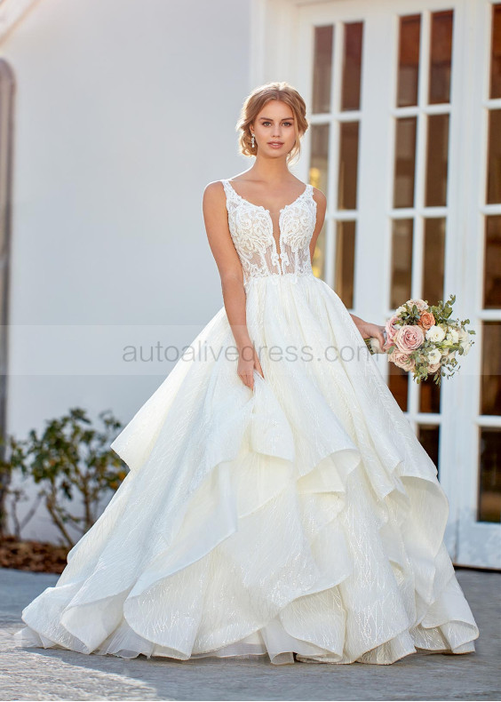 Sleeveless Ivory Lace Ruffle Skirt V Back Wedding Dress
